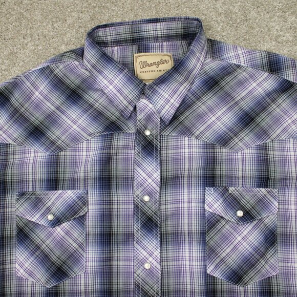 Wrangler Western Shirt Adult 3XL XXXL Purple/Black Plaid Pearl Snap Long Sleeve - Picture 5 of 12